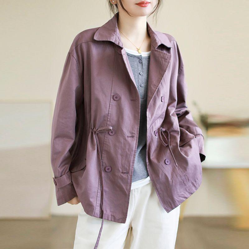 Fashion Loose Drawstring Trench Coat Double-Breasted Casual Loose Short Jacket Women's Cotton Top Spring Autumn
