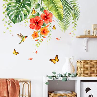 Tropischer Hawaiianischer Wandaufkleber Grüne Palmenblätter Hibiskusblüte Schmetterlinge Abziehen Und Aufkleben