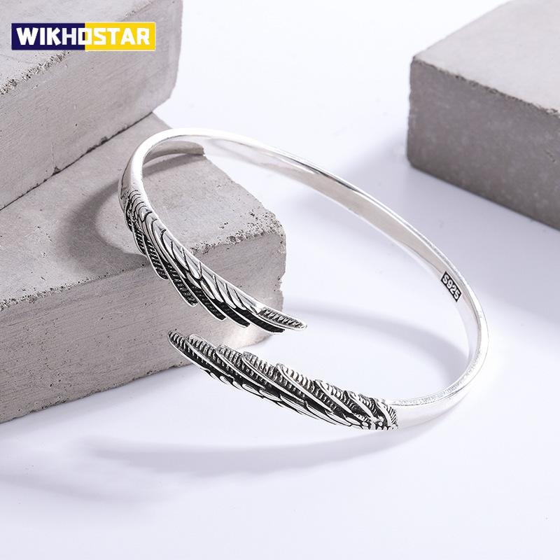 Argento Thailandese Retrò Piuma Semplice alla Moda Argento Sterling 925 Design Personalizzato Ali Ins Trendy Braccialetti Aperti SL102