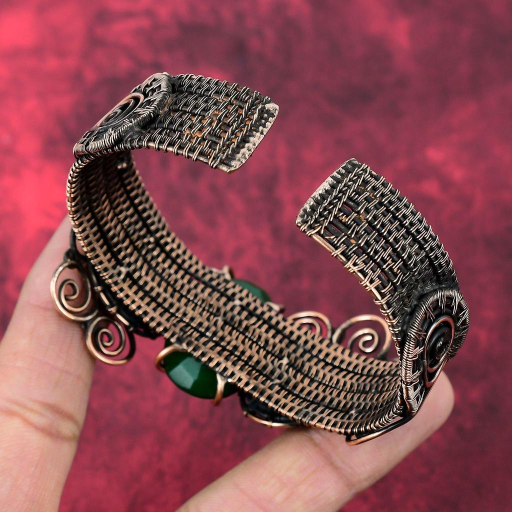 Faceted Zambian Emerald Cuff Bracelet Copper Wire Wrapped Adjustable Bangle Rainbow Moonstone Gemstone Cuff Handmade Copper Jewelry For Gift