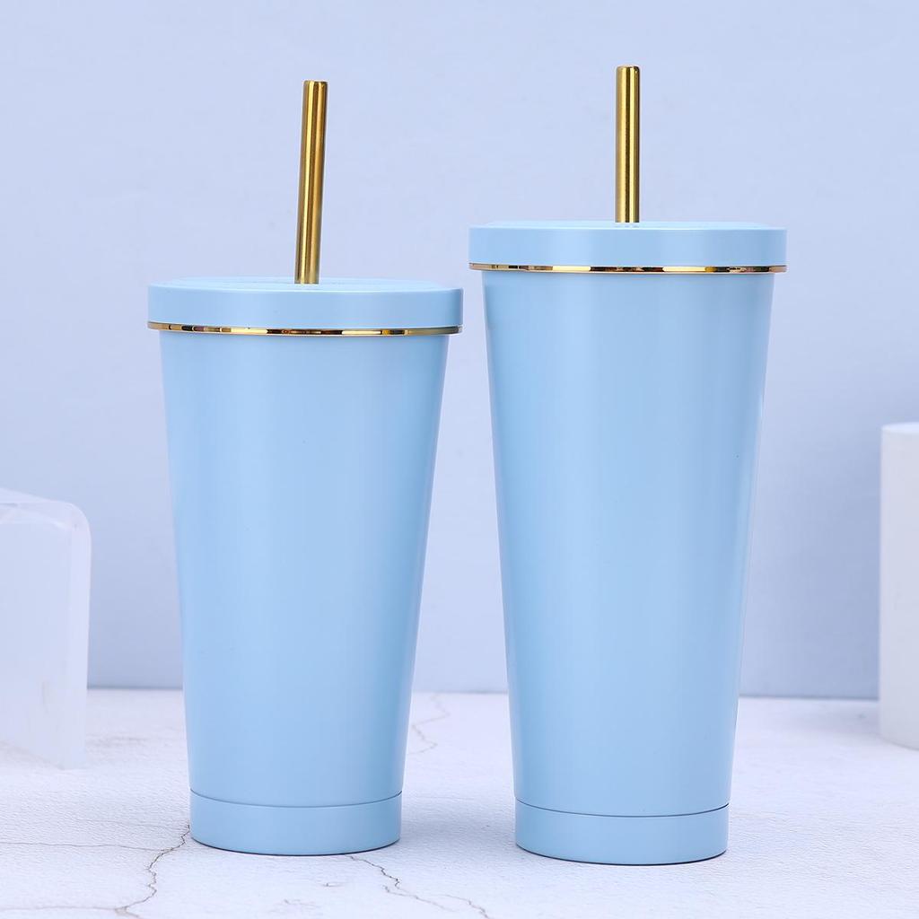 In Stock 304 Stainless Steel Straw Cup with Gold Rim - Portable Outdoor Thermos for Car Use