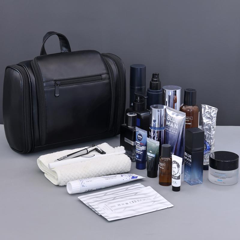 PU Leather Toiletry Washing Tool Storage Bag with Hook Portable Cosmetic Bag Wet and Dry Separation Travel Makeup Pouch