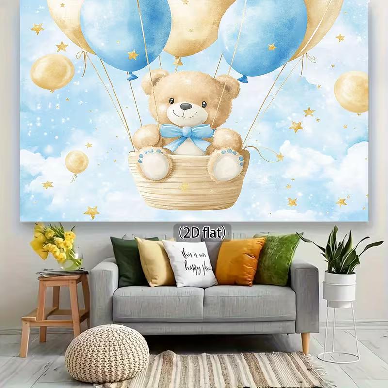 2D Newborn Backdrop, Watercolor Bear with Blue Balloons