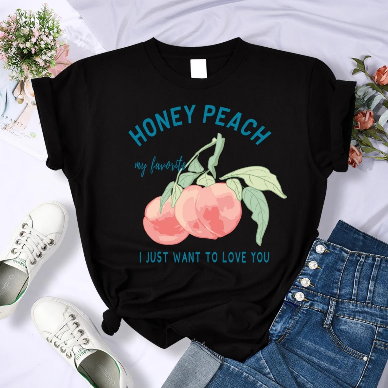 Honey Peach I Just Want To Love You Illustration Print Womens T Shirts Hip Hop Casual T-Shirt Summer Y2K Female Streetwear S