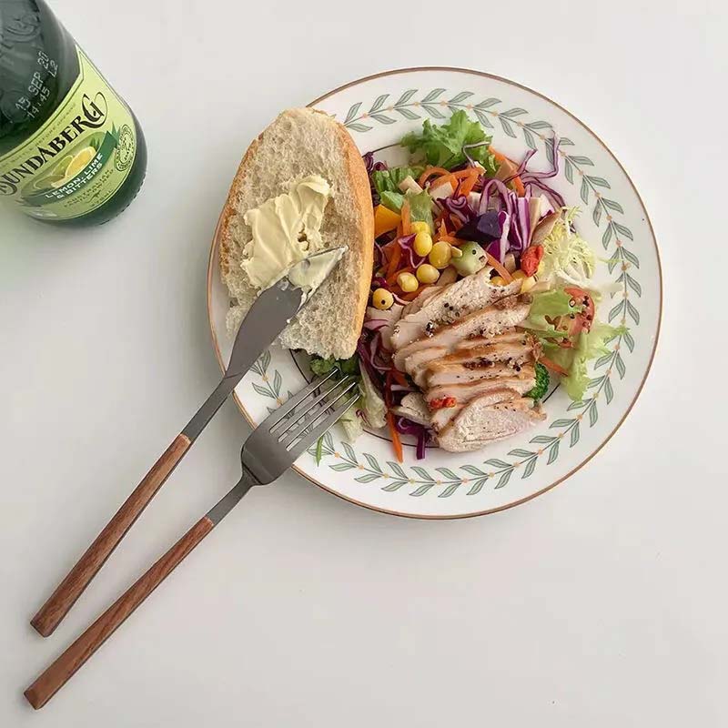 Imitation Wood Handle Stainless Steel Flatware Set Knife Fork Spoon Teaspoons 5 Pieces Set Korean Ins Kitchen Tableware Set Home Party Dinnerware Set