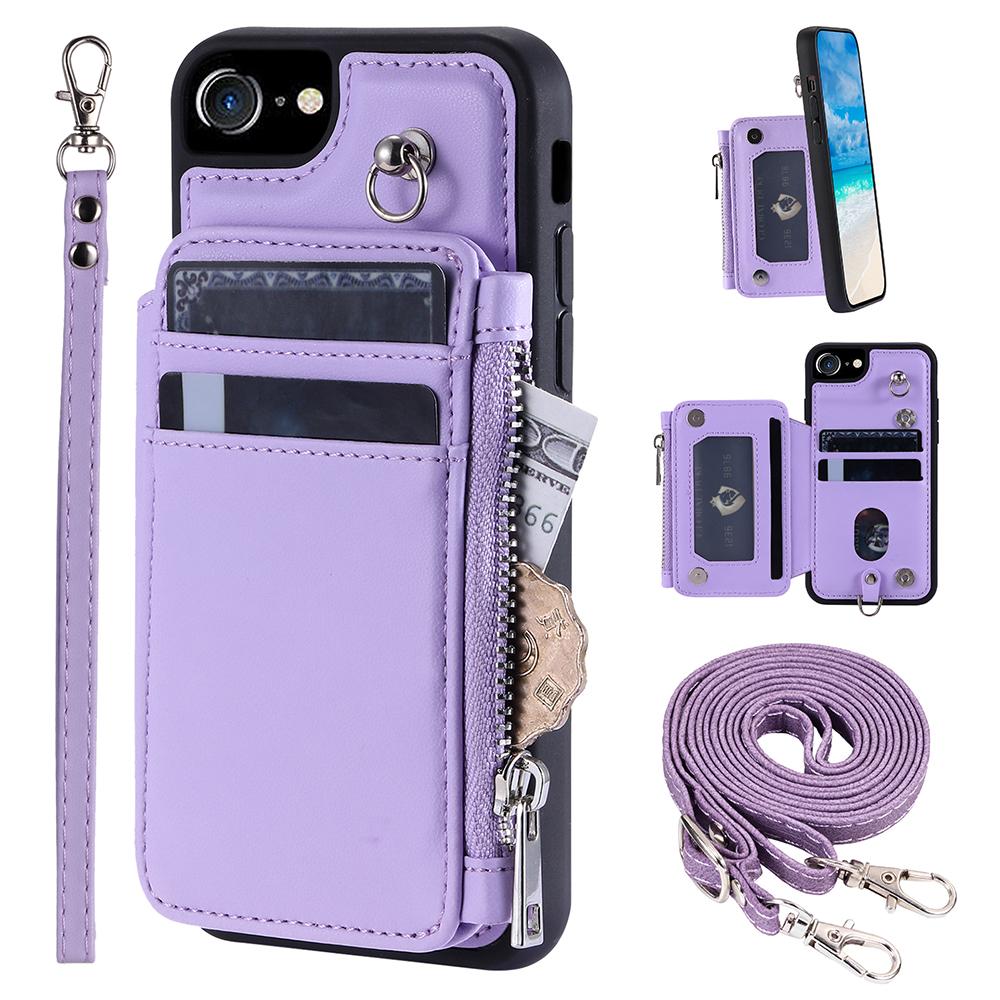 

009 For iPhone 6/6s/7/8/SE (2020)/SE (2022) Back Shell RFID Blocking Zipper Wallet Case PU Leather+TPU Kickstand Phone Cover with Straps Purple