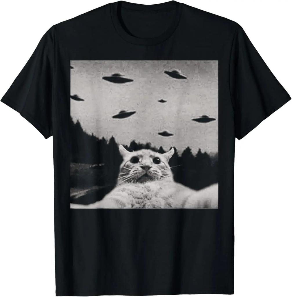 ThreadWeird Alien Cat UFO T-Shirt Classic Fit Round Neck Black Adult T Shirts for Women Harajuku Luxus Marken Playeras De