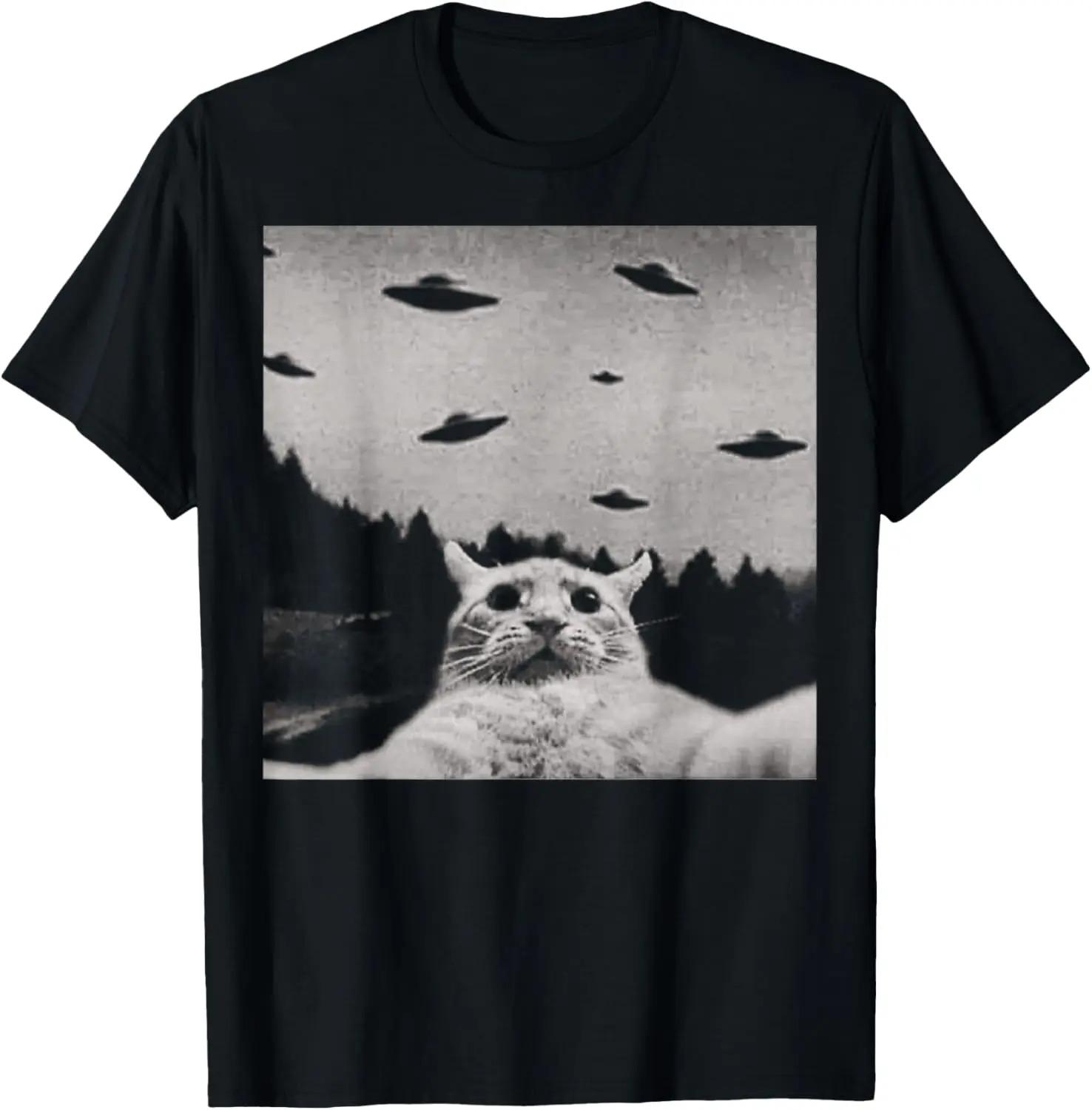 

ThreadWeird Инопланетный Кот НЛО Футболка Классический Крой Круглый Вырез Черный Взрослые Футболки для Женщин Харадзюку Люкс Бренды Playeras De 4XL