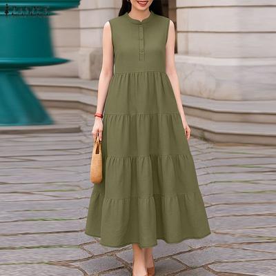 Women Casual Stand Collar Loose Summer Sleeveless Dress
