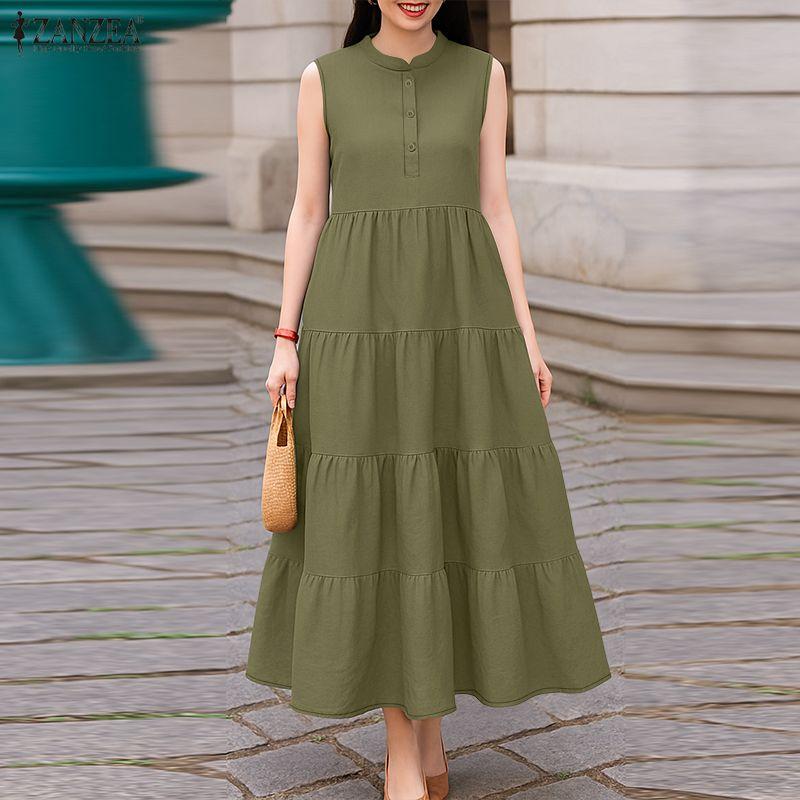 ZANZEA Women Casual Stand Collar Loose Summer Sleeveless Dress 2XL