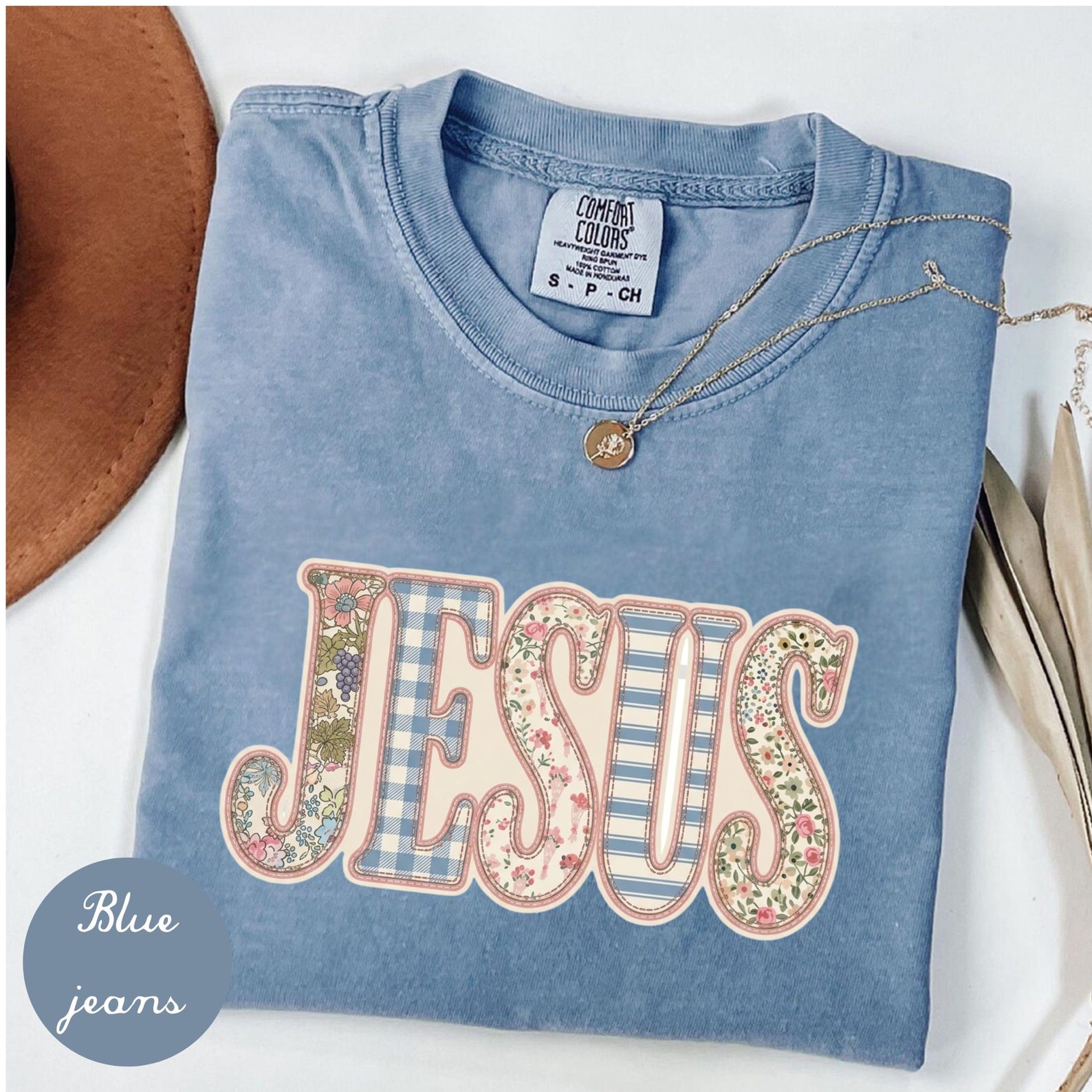 Jesus Comfort Colors Shirt, Christian Graphic Print Tee, Faux Quilted Look Jesus Print Design, Faith Shirt, Religious Gift Women Floral Tee M