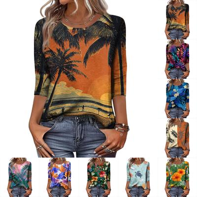 Damska Modna Casualowa Okrągły Dekolt Rękaw Trzy Czwarty Hawajski Nadruk T-shirt Top