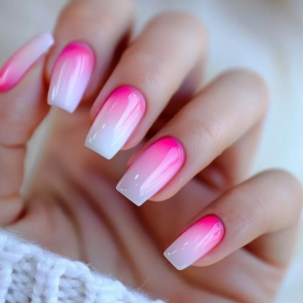 24 Pcs Pink Gradient Square Press On Nails Medium Length Ballet Fake Nail Tips Reusable Wearable False Nails