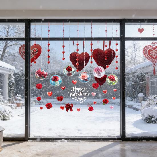 Valentine's Day Window Clings Rose Flower Heart Static PVC Window Glass Decals Reusable Double-Sided Static Stickers for Wedding Anniversary Home