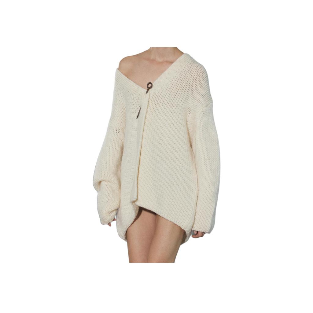 Zara Solid Color V-Neck Long Sleeve Cardigan Drop Shoulder Sweater Women sweater Beige 0797101-712