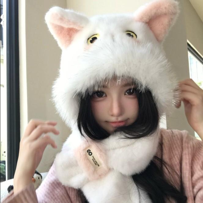2025 cat ears plush scarf hat two-piece set winter ear protection cute furry animal warm