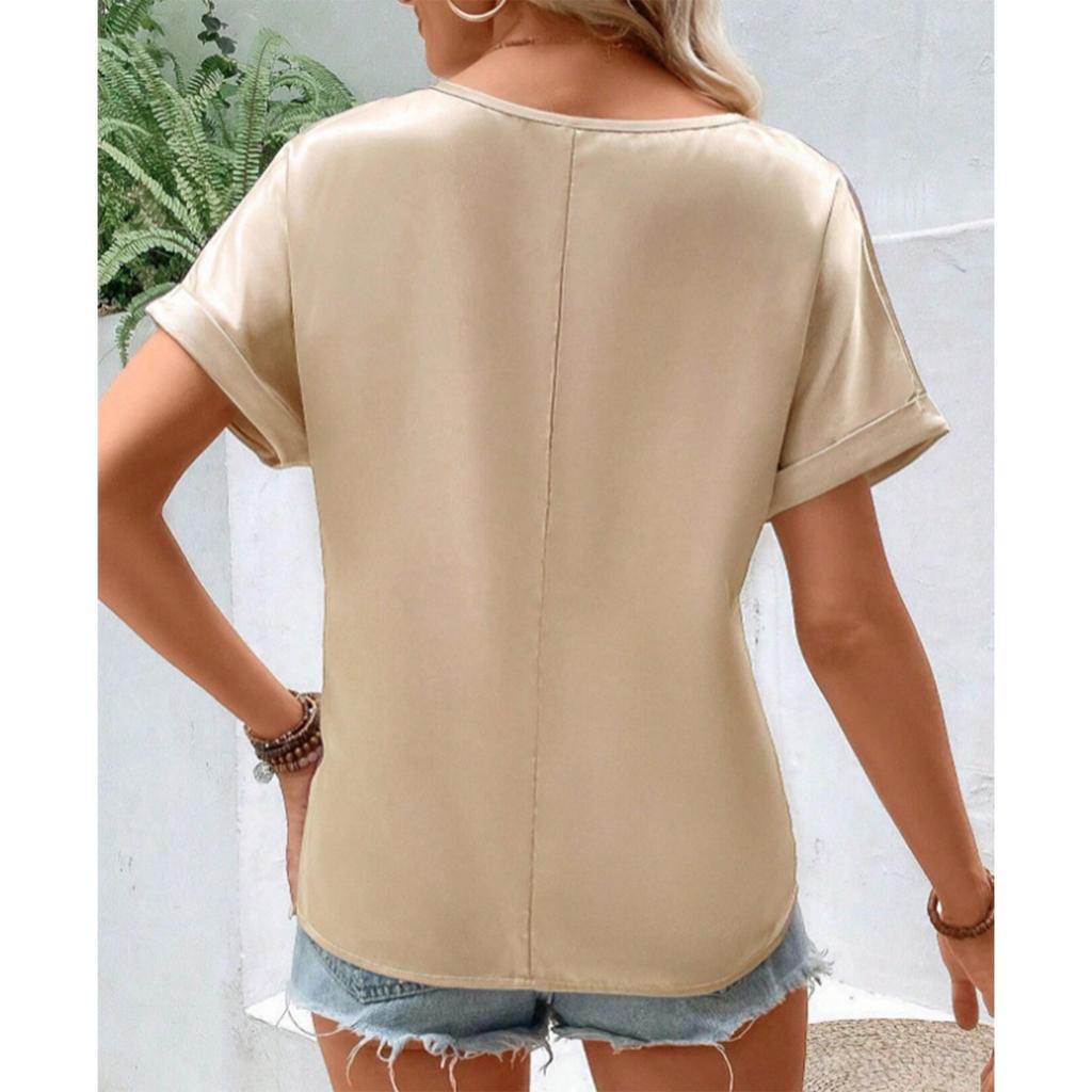 New Fashion Trendy Women's V-neck Pocket Short Sleeve Loose Casual Top