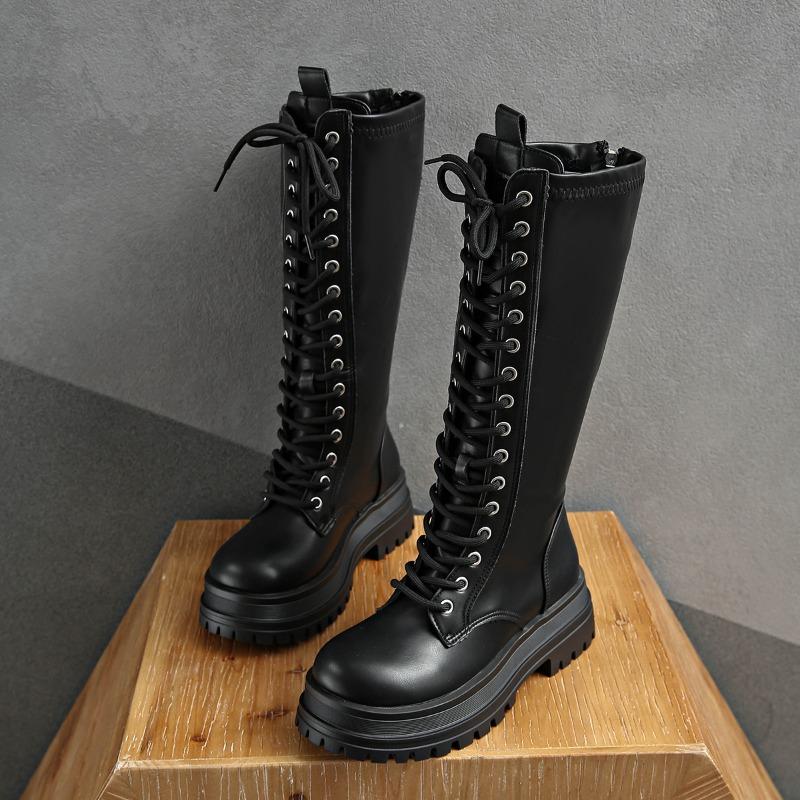 Women's Knee High Boots 6cm Height Increasing Platform Boots Classic Black Knee-high Leather Boots for Women Lace-up Knight Boot