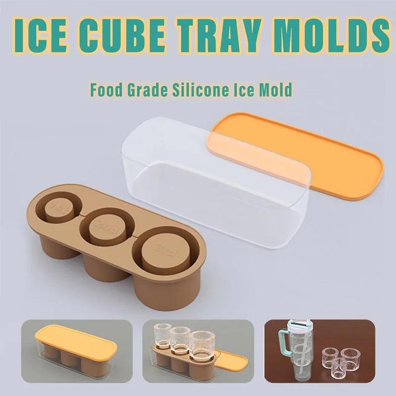 Ice Cube Tray Compatible with Stanley Cup Silicone Ice Cube Molds with Lid & Bin 3 Hollow Cylinder Ice Mold for Tumbler 20-40Oz