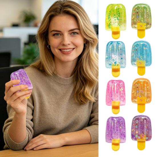 xiaobudian Glitter Ice Stick Squeeze Toy, Stress Relief Simulation Cream Sensory Slow Rising Lolly Fidget Toy for Kids Adults