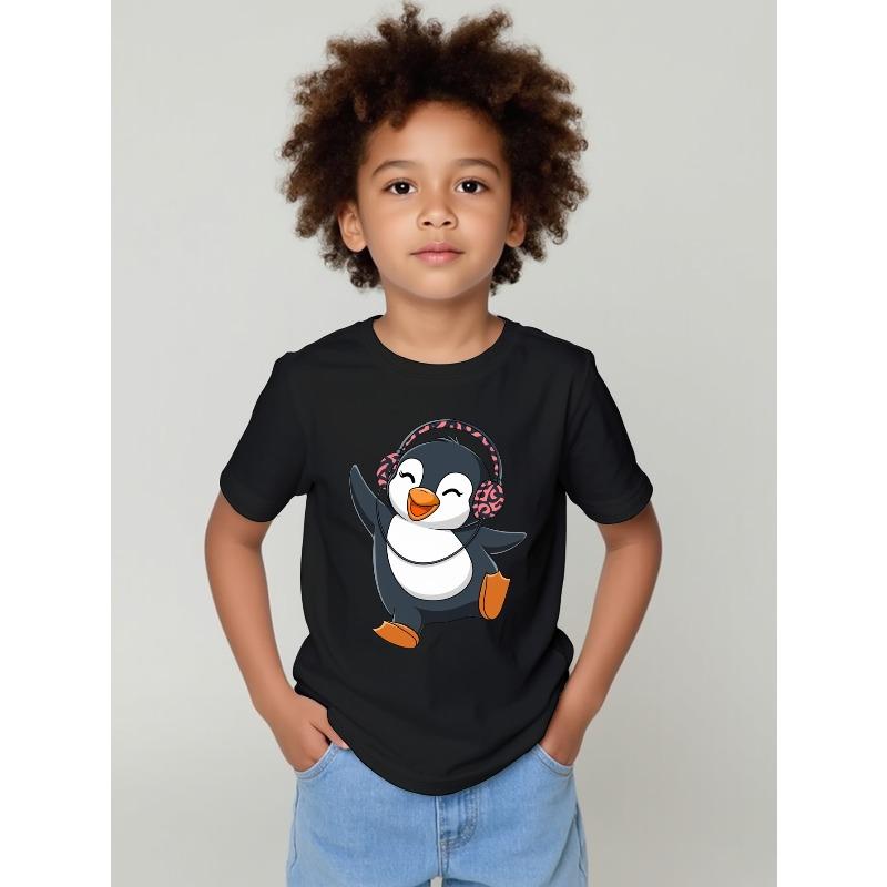 European Size Boys Round-neck Short-sleeved T-shirt with Cartoon Penguin Pattern Print 98cm