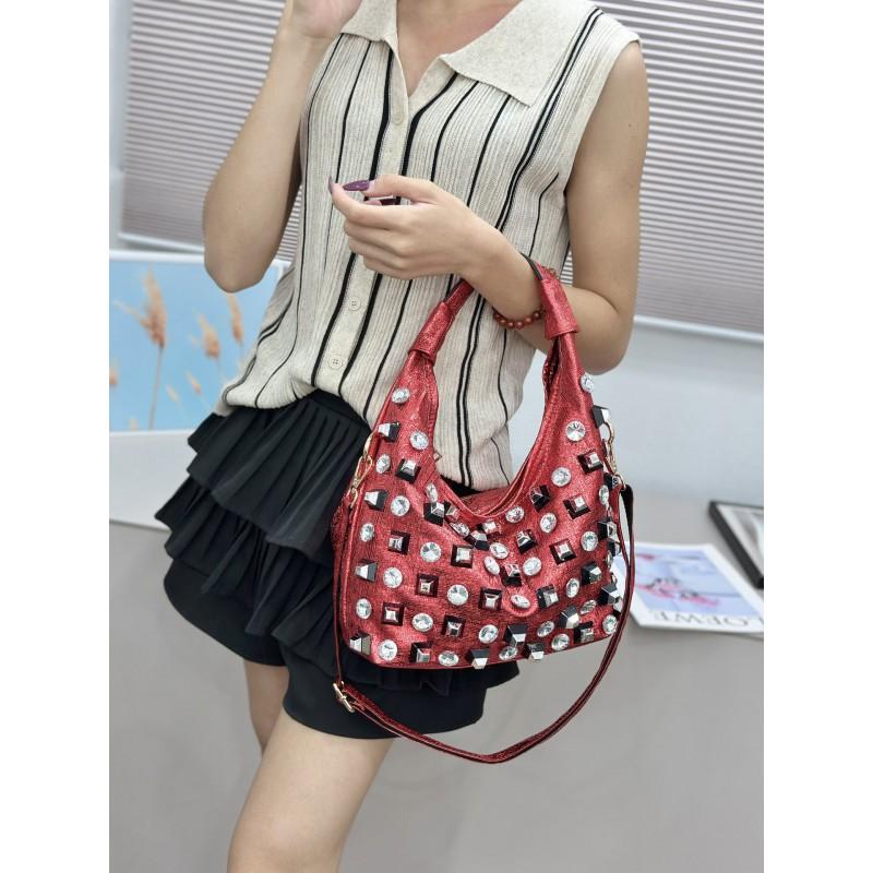 Stylish Rhinestone-Embellished Large Capacity Tote Bag Women Crossbody Commuter Shoulder In White Red Black Gold