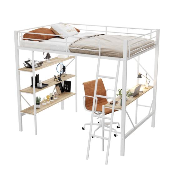 Metal Bed Strong Carrying Capacity with Computer Desk Storage Shelves Ladder Iron Frame Children Bunk Fall Protection Grilles Home Furniture Loft