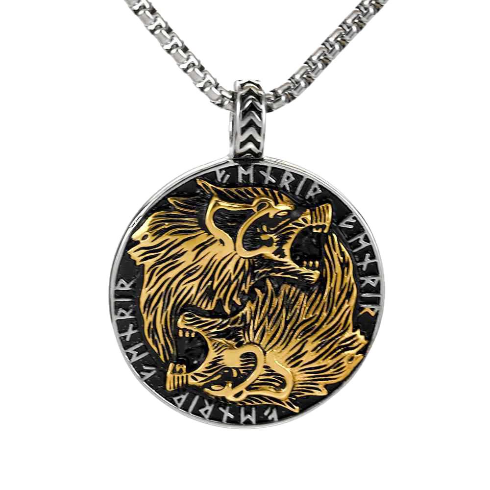 Stainless Steel Viking Guardian Totem Men's Double Wolf Necklace