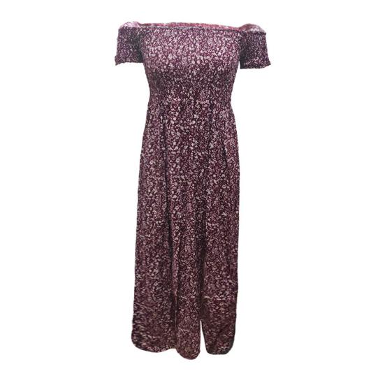 

Off Shoulder Waist Tight Double Split Hem Boho Dress Bohemian Floral Print Short Sleeve Women Dress Female Clothing S вина червоного кольору
