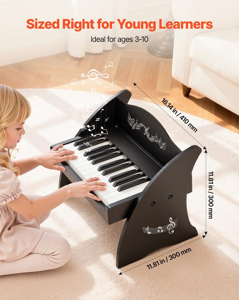 VEVOR Kids Piano Keyboard, 25 Keys Wooden Digital Piano for Kids, Mini Music Educational Instrument Toy with Realistic Sound, Dual Power