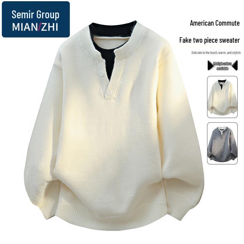 

Unisex Faux Two-Piece Round Neck Knit Sweater L