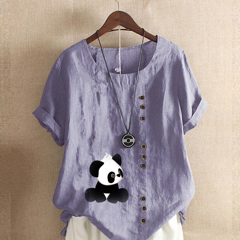 Damenmode Rundhals Kurzarm T-Shirt Lässig Baumwolle Leinen Grafikshirt Panda Aufdruck Sommerbluse Tops