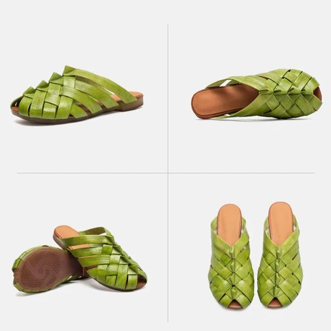 Johnature Genuine Leather Woven Breathable Peep Toe Flat Slippers Casual And Versatile Women's Slip-on Shoes