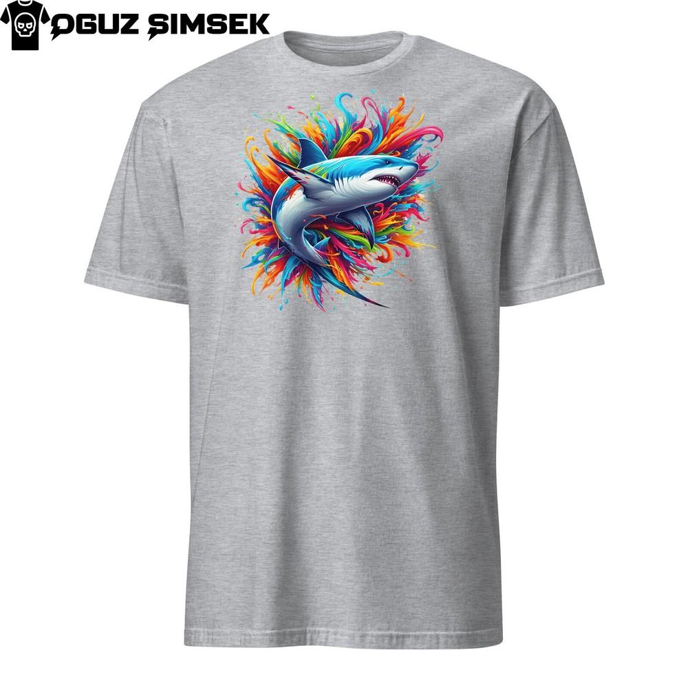

Colorful White Shark Unisex T-Shirt | Vibrant Ocean Splash Design | Short Sleeve S