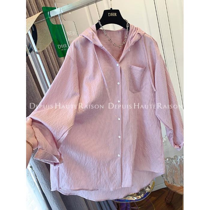 Extra Large 55.5kg Lazy Striped Hooded Sunscreen Shirt Women's Summer Thin Loose Casual Versatile Top