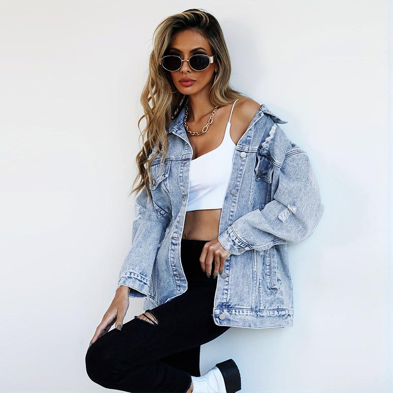 

European High-End Women s Trendy Ripped Denim Jacket: Harajuku Style 2XL синий