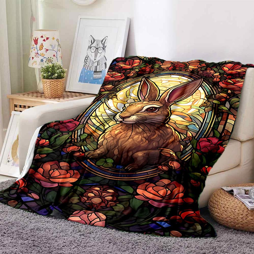 1pc Stained Glass Bunny Blanket Lightweight Flannel Blanket Throw Blanket For Sofa, Bed, Travel, Camping, Livingroom, Office, Couch, Chair, And Bed yy