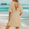 Women Summer Dress V Neck Short Sleeves Pleated High Waist Beach Coverup Loose Mini Dress Lace-up Tassel Strap Backless Slit Hem Dress