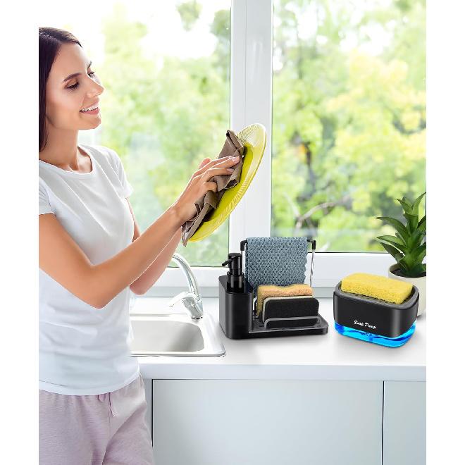 Hand and Dish Soap Dispenser Set with Tray, Dual Soap Dispenser with Sponge Holder and Dishcloth Holder 5-in-1 Organizer for Kitchen Sink Countertop