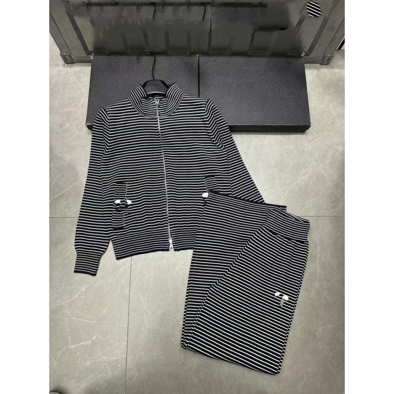 European Striped Zipper Knit Cardigan & Long Pants Two-Piece Set