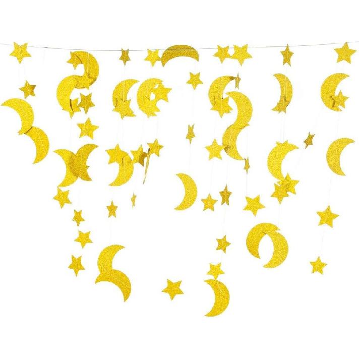 50ft Glitter Moon & Stars Garlands, 6 Pack Gold Double-Side Crescent and Twinkle Stars Paper Hanging Decorations for Birthday Party Baby Shower