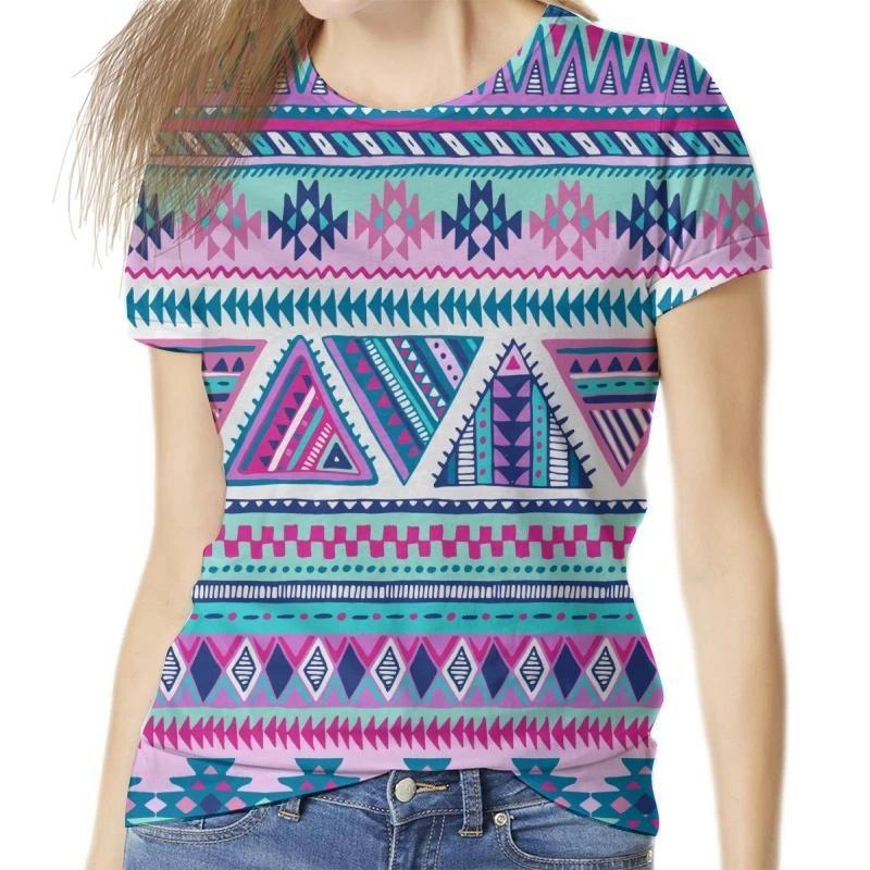 Summer Round Neck 3D Ethnic Geometric  Print Top Fashionable Casual Short Sleeved Women's T-shirts