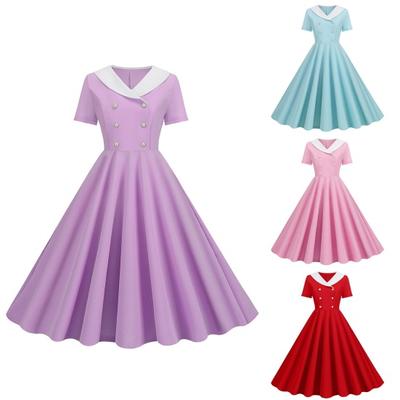 Women Prom Party Dress Vinatge 50s Evening Dress A-line Big Swing Short Sleeve V Neck Button Decor Fake Double-breasted Hidded Zipper Solid