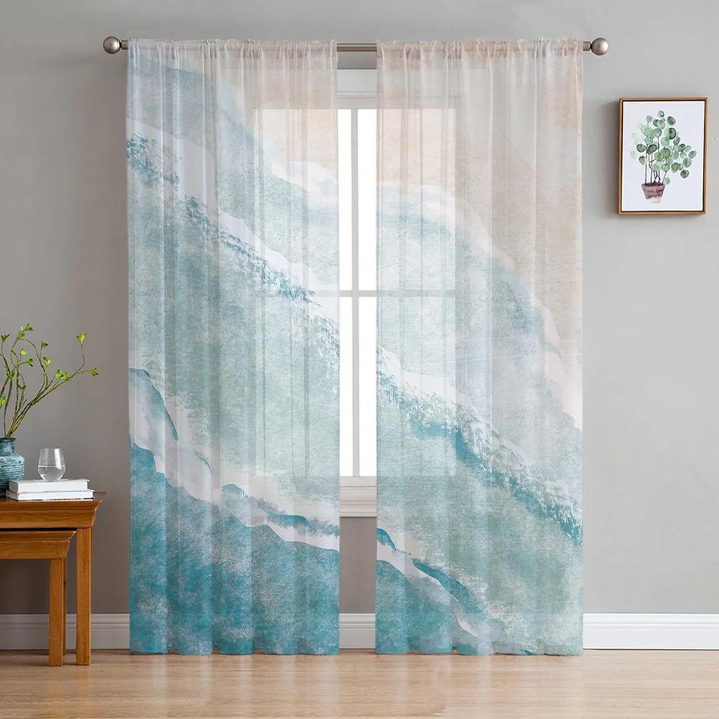 Sea Beach Gradual Blue Khaki Bedroom Transparent Sheer Curtains Holiday Decoration Window Voile Tulle Curtain