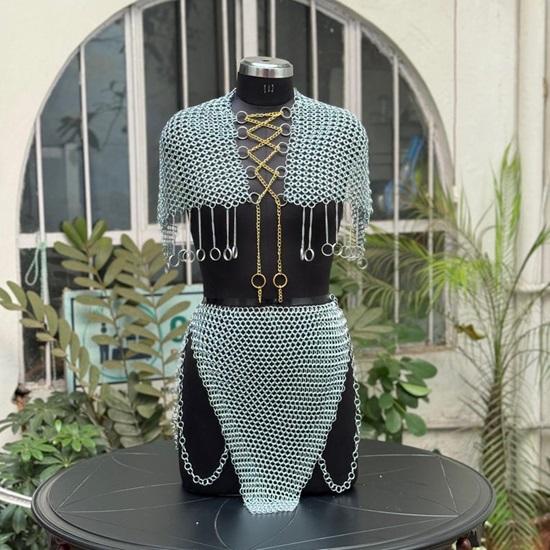 Edgy Chainmail Body Armor Set Silver Statement Top  Skirt for Festival, Cosplay And Layered Fashion