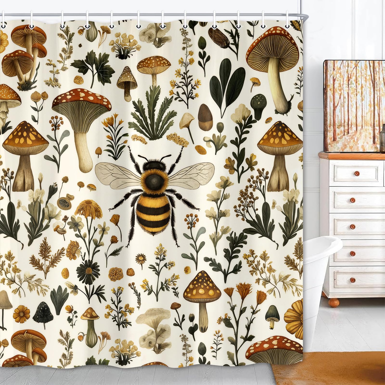 

Mushroom Cottagecore Shower Curtain, Rustic Boho Vintage Bee Botanical Floral Bathroom Decor, Farmhouse Aesthetic Bath Curtain W60H190(CM)-1 Pcs