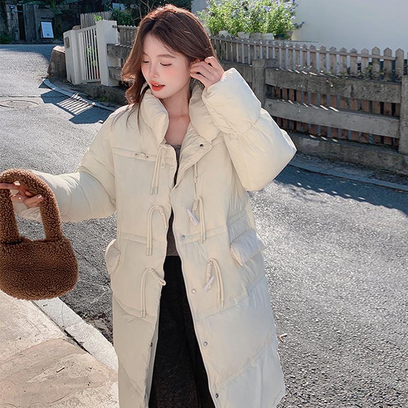 

свободная пуховая хлопковая куртка для женщин, зимнее толстое платье в корейском стиле для подруг, длинная хлопковая куртка на роговых пуговицах XL бежевый