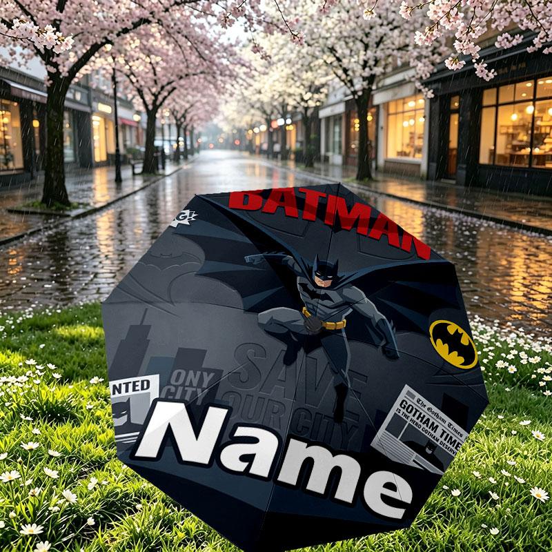 Custom Name Personalized Batman Print Umbrella, Auto Open Close, 8‑Rib Sturdy Frame, Commute Camping Hiking Use, Birthday Gift