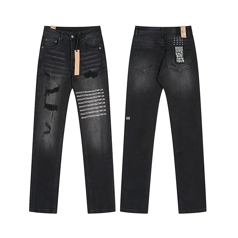 

Unisex Streetwear Black Letter Print Distressed Denim Jeans 30