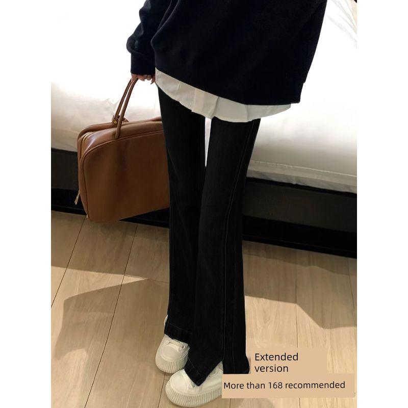 Dark Blue Slit-Flare Jeans for Women, New Spring Style for Plus-Size Girls, Pear-Shaped Body, High-Waisted, Slimming Flared Pants